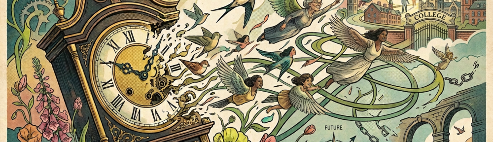 Ornate clock, flying birds, winding paths, flowers, and compass labeled FUTURE and FREEDOM