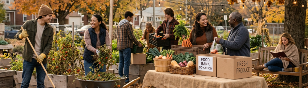 Volunteers harvest vegetables beside boxes labeled FOOD BANK DONATION and FRESH PRODUCE