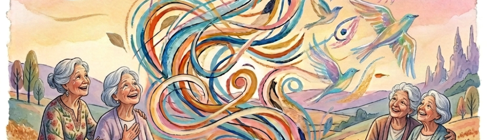 Open book with colorful birds and swirling ribbons rising into the sky