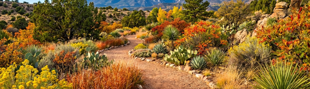 Winding path through colorful desert garden with mountains in background
